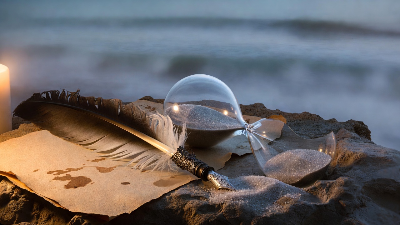 Quill and broken hourglass representing poetry's defiance against time in Shakespeare's sonnets.