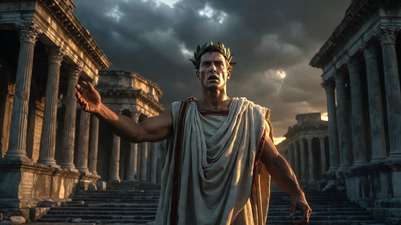 Julius Caesar in Roman forum under dramatic stormy sky – historical vs Shakespearean portrayal
