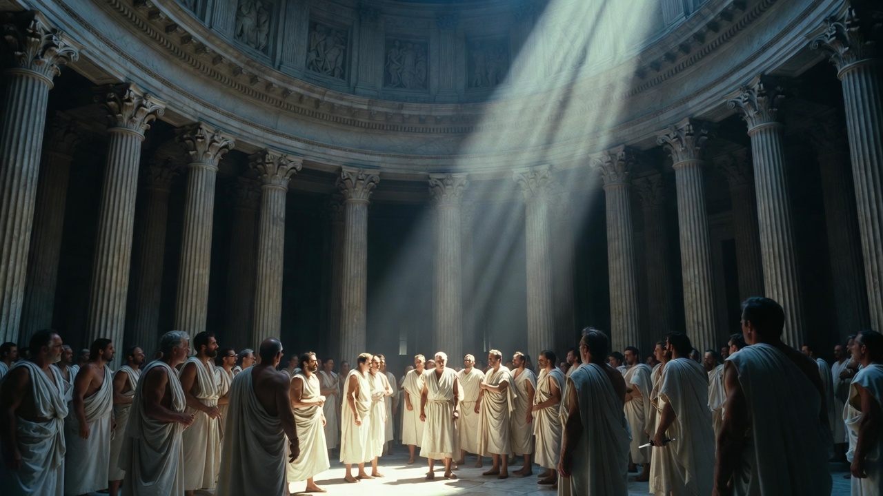 Dramatic assassination scene in the Roman Senate from Shakespeare's Julius Caesar