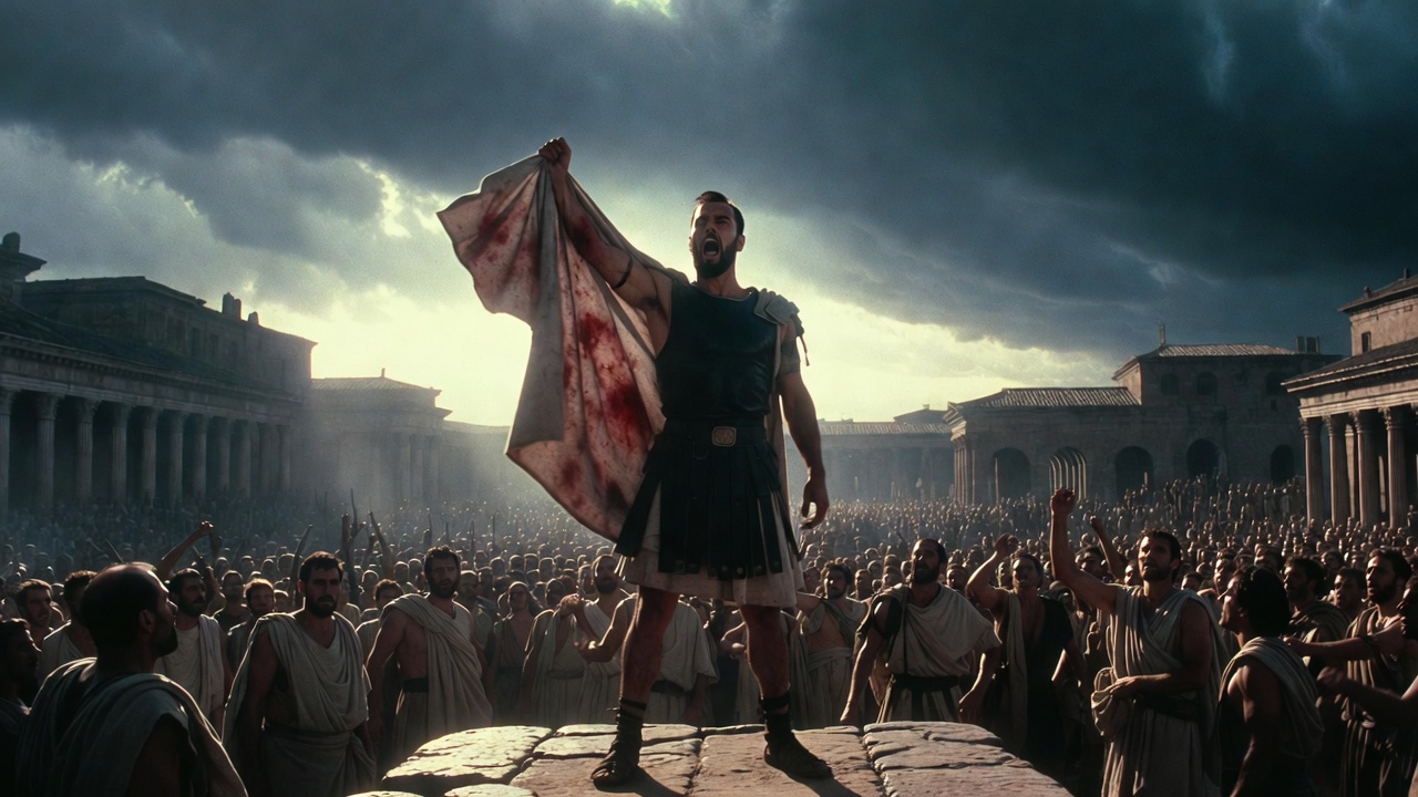 Mark Antony’s powerful funeral oration swaying the Roman crowd in Julius Caesar