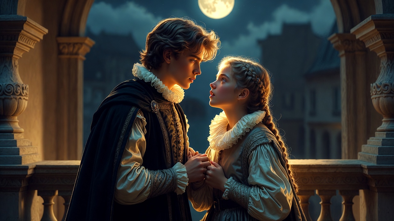 Young Romeo and Juliet-inspired lovers on balcony in classic Shakespearean style