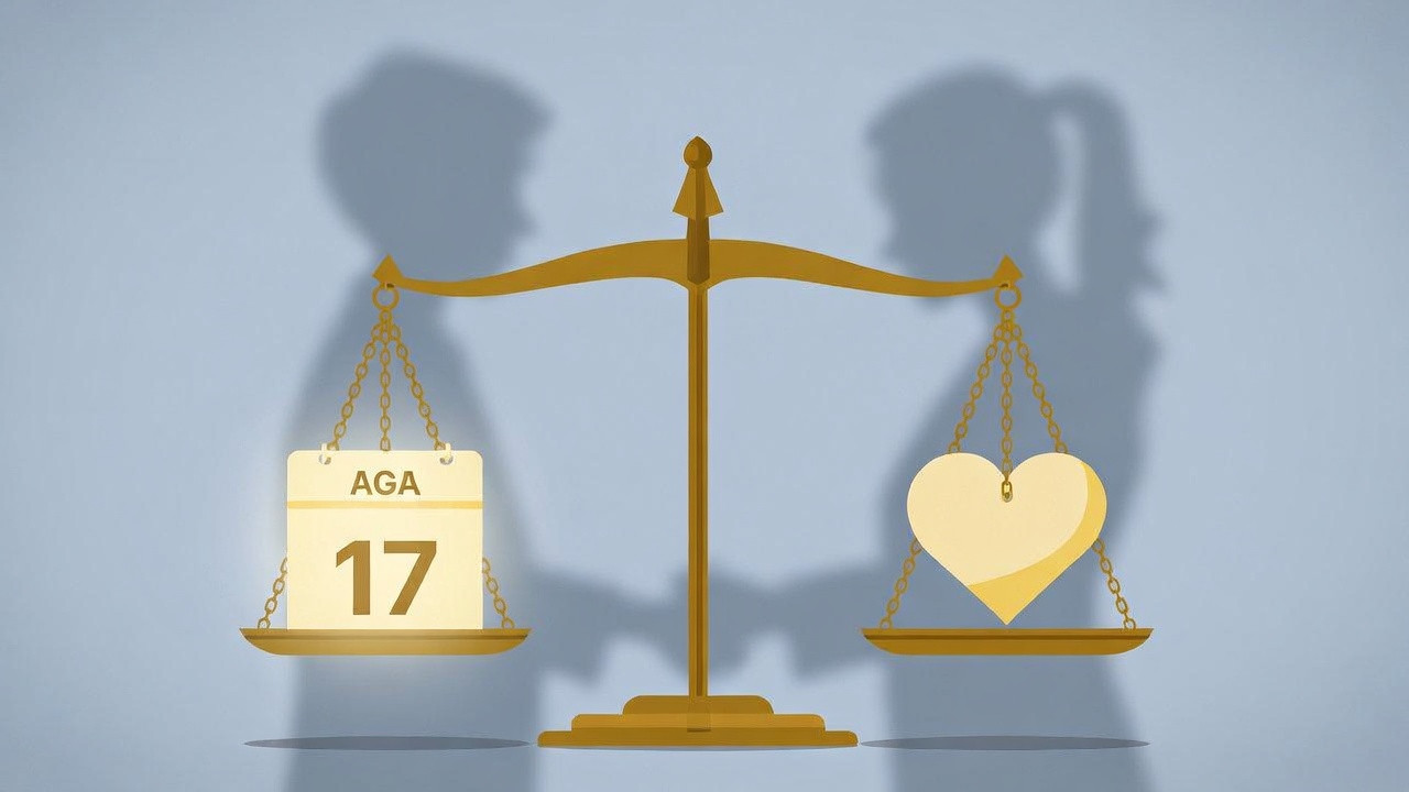 Symbolic scales of justice with age calendar and heart for Missouri teen consent laws