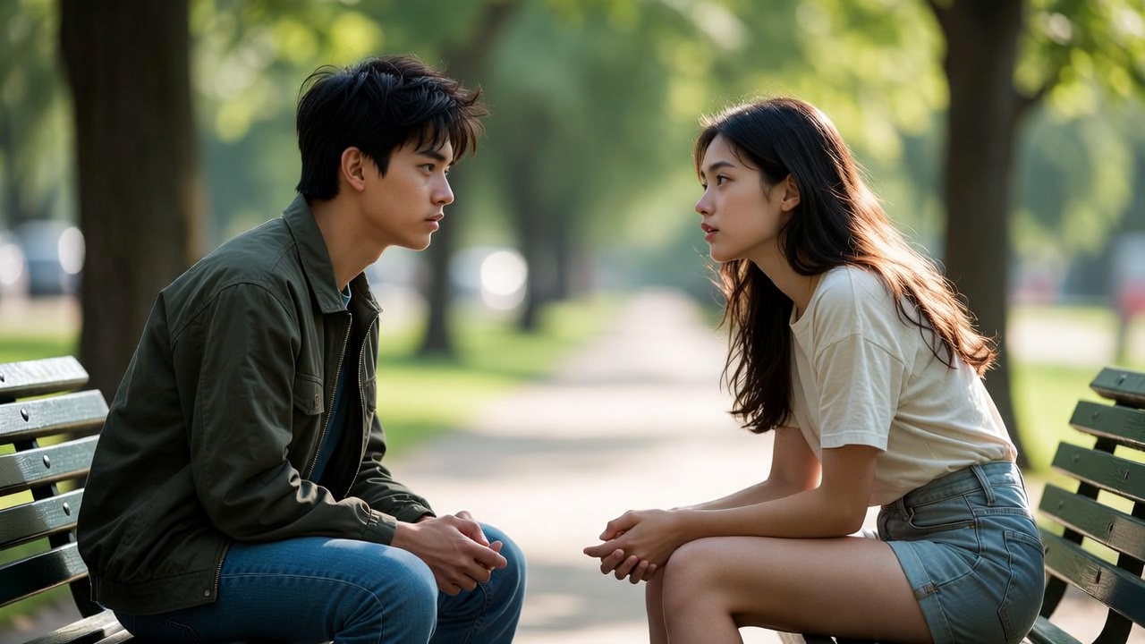 Teenage couple in serious discussion about relationship boundaries outdoors