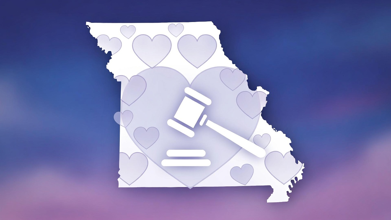 Missouri state map silhouette with justice and heart symbols for Romeo and Juliet law
