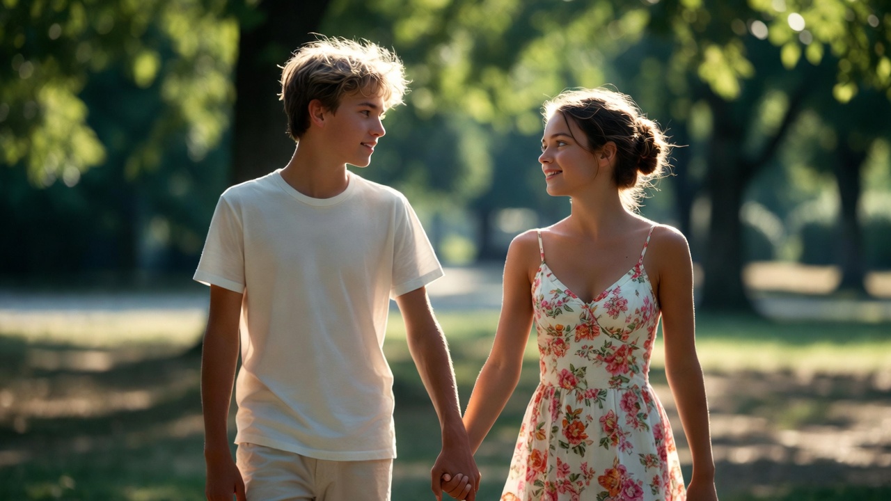 Teenage couple holding hands in park symbolizing young romance and age of consent boundaries in Ohio.