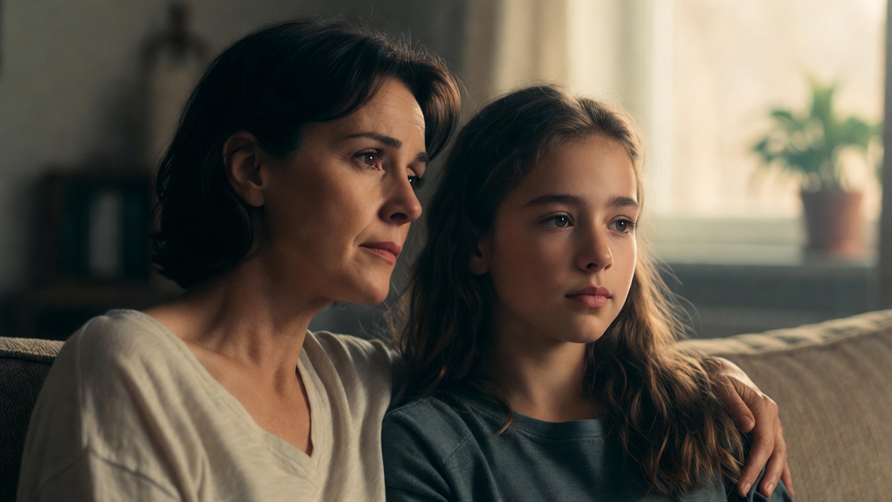 Parent and teen daughter talking openly about relationships and legal boundaries at home.