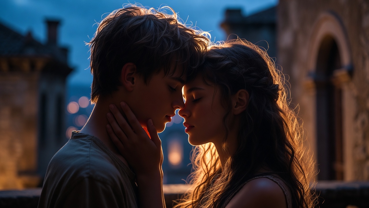 Young star-crossed lovers embracing in romantic twilight setting representing Romeo and Juliet close-in-age protection.