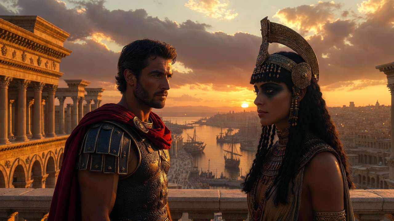 Mark Antony and Cleopatra VII on a palace balcony in ancient Alexandria overlooking the Nile at sunset
