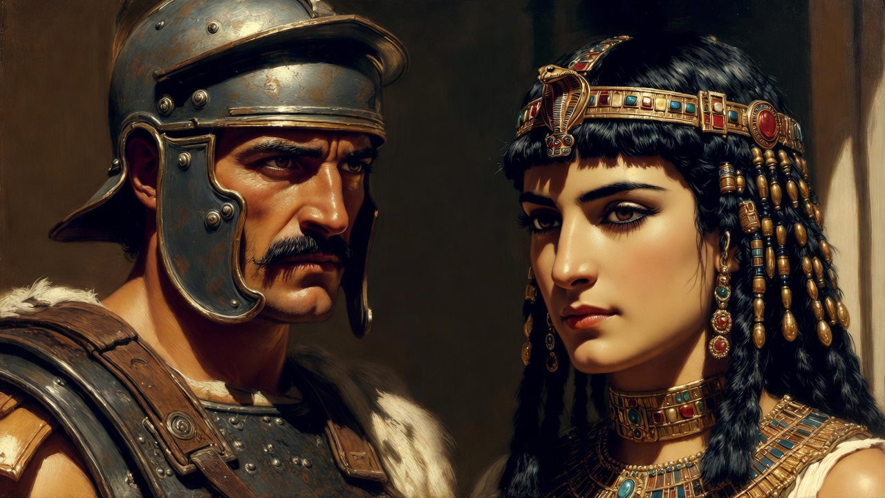Dramatic portrait of Mark Antony and Cleopatra facing each other with intense expressions