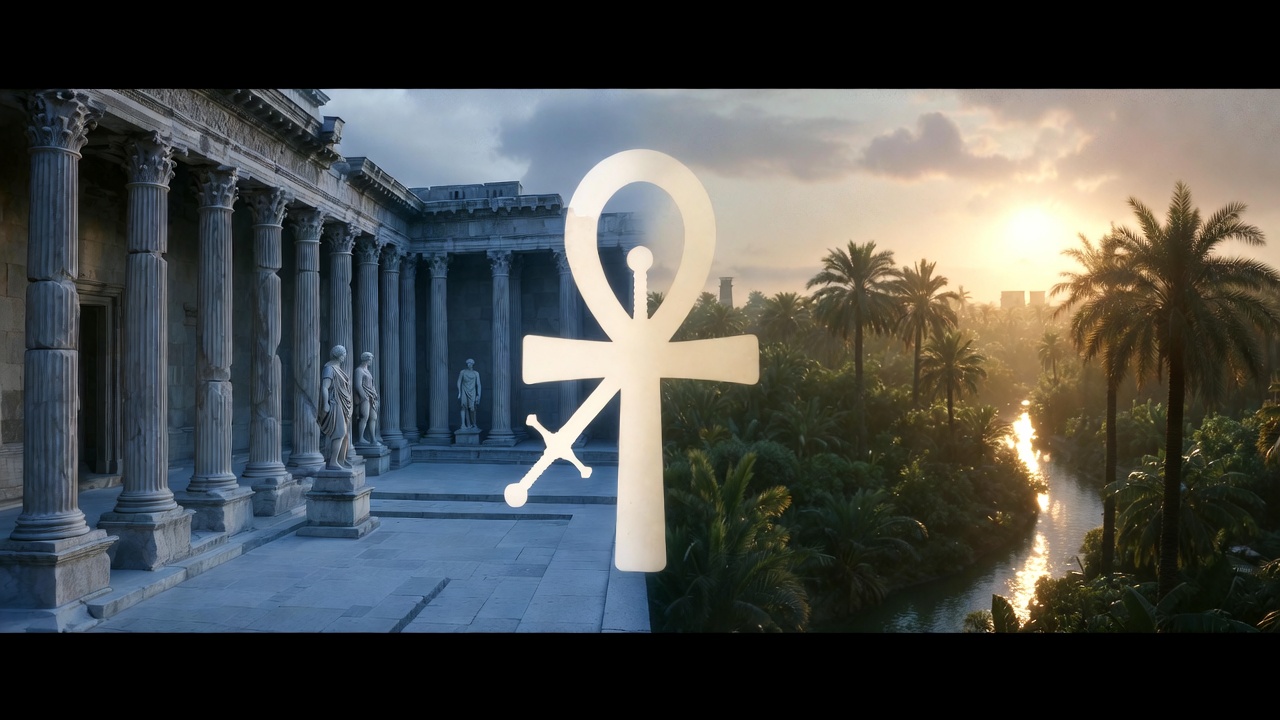 Symbolic contrast between austere Roman architecture and lush Egyptian Nile landscape representing the play’s central themes