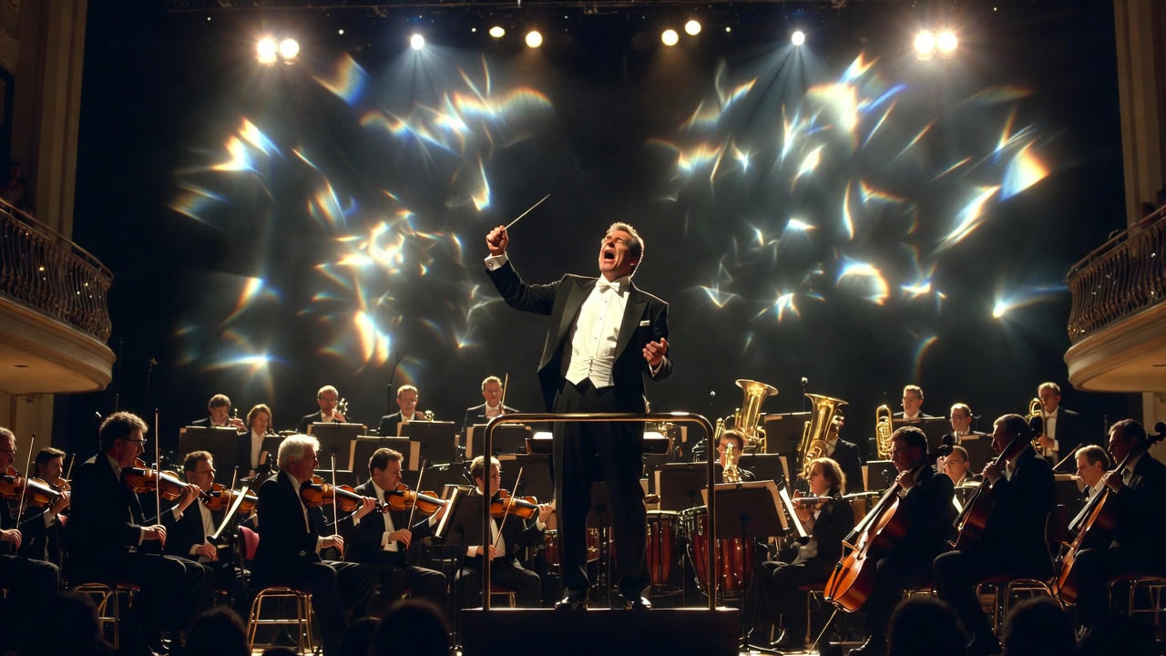 John Adams conducting the orchestra in Antony and Cleopatra opera Metropolitan Opera performance dramatic musical intensity
