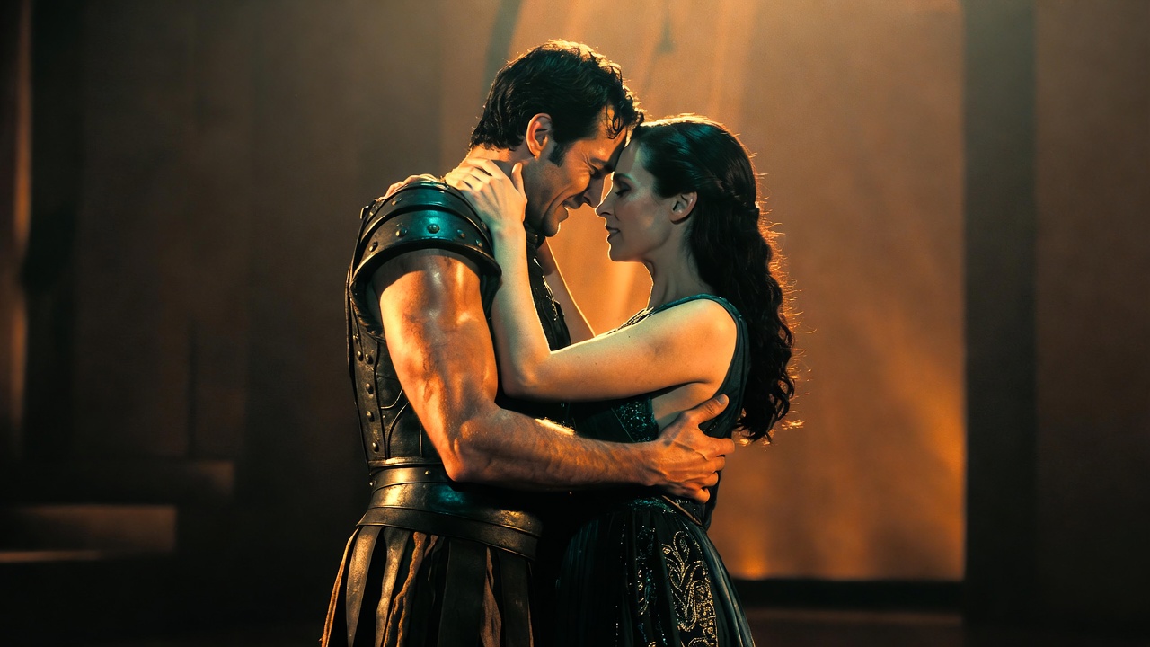 Passionate embrace between Antony and Cleopatra in John Adams opera Metropolitan production dramatic romantic tragedy scene