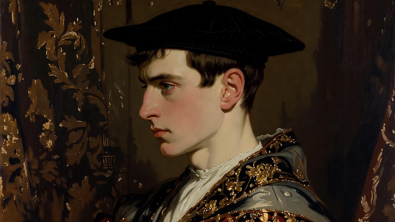 Historical portrait of King Henry V in royal attire, medieval English monarch realistic painting.