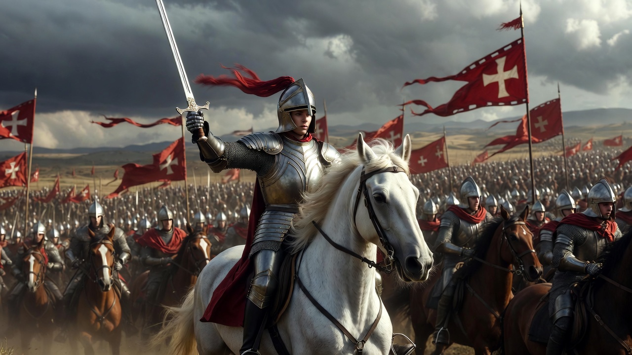 Henry V leading troops in armor on horseback dramatic medieval battle scene Shakespeare inspiration.