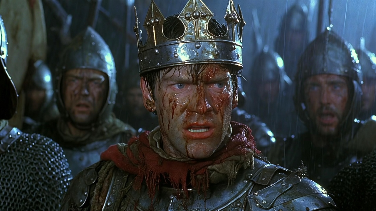 Kenneth Branagh as Shakespeare's Henry V in 1989 film muddy armored king intense dramatic portrait.