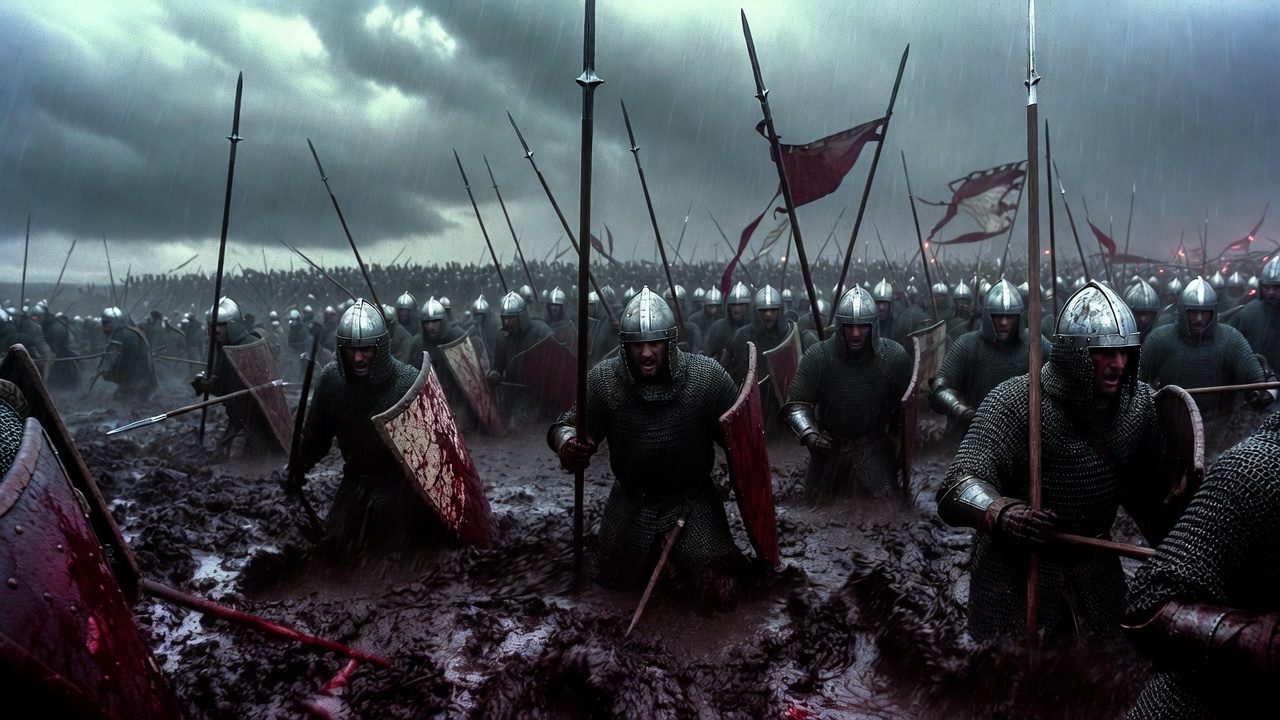 Medieval English army advancing through muddy battlefield Agincourt historical war scene dramatic.