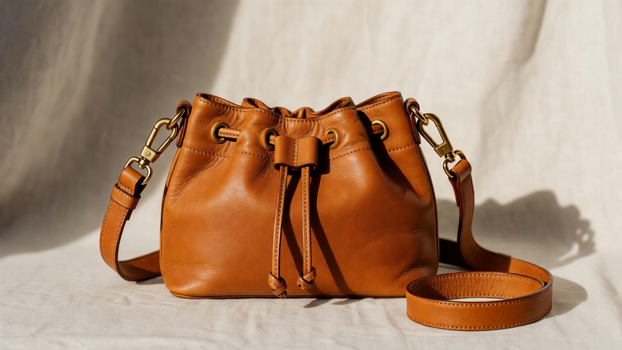 Clare V Petit Henri mini drawstring crossbody bag in tan Italian leather with detachable strap