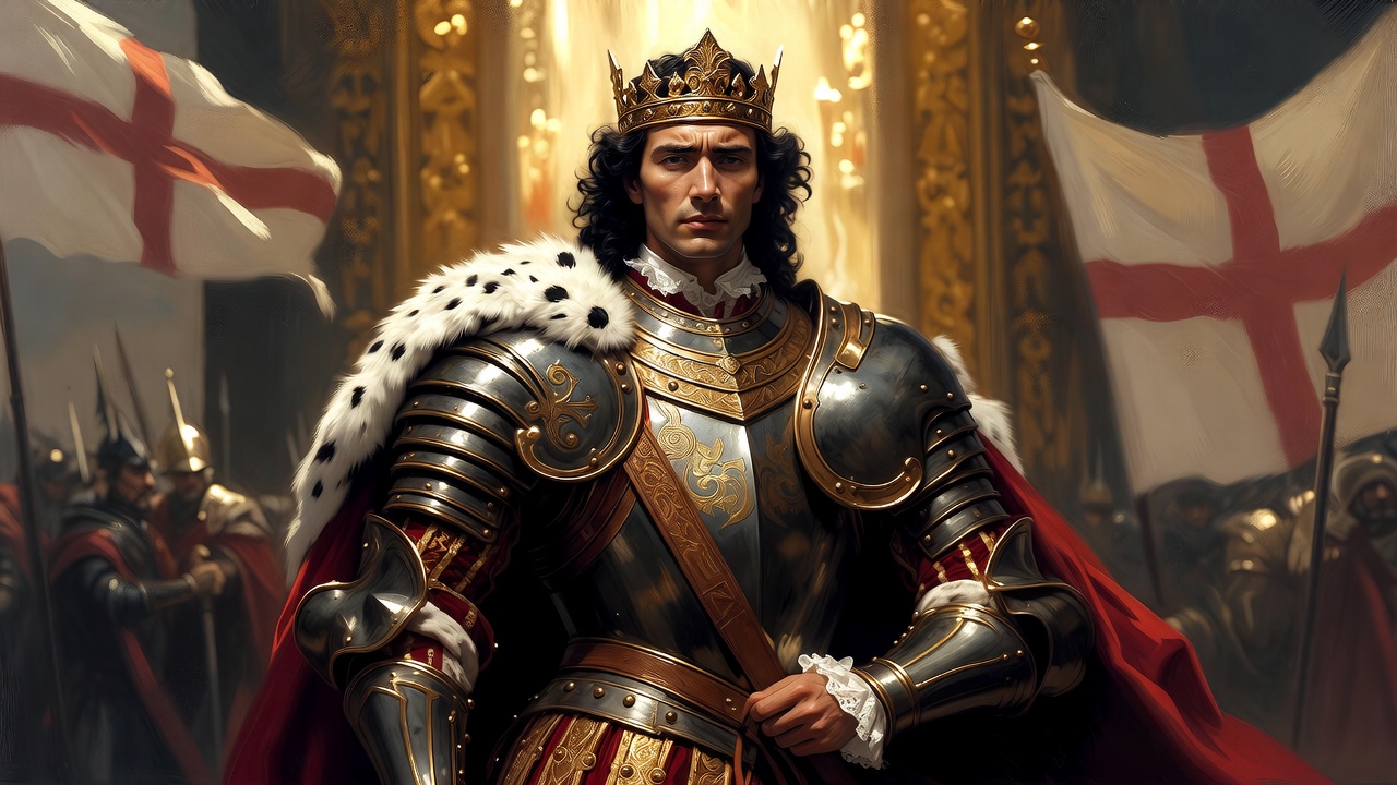 King Henry V in royal armor, triumphant transformation from Shakespeare's Henriad