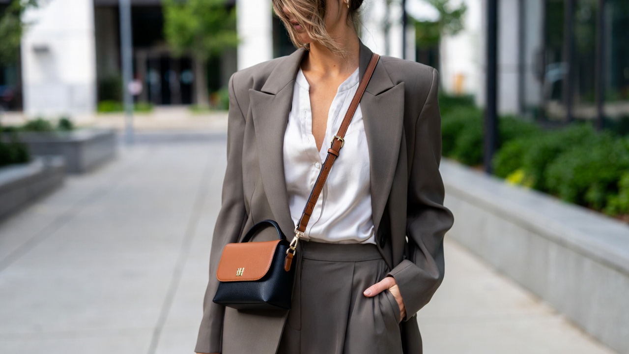 Modern woman styling Clare V Petit Henri mini bag with blazer and trousers for chic everyday look