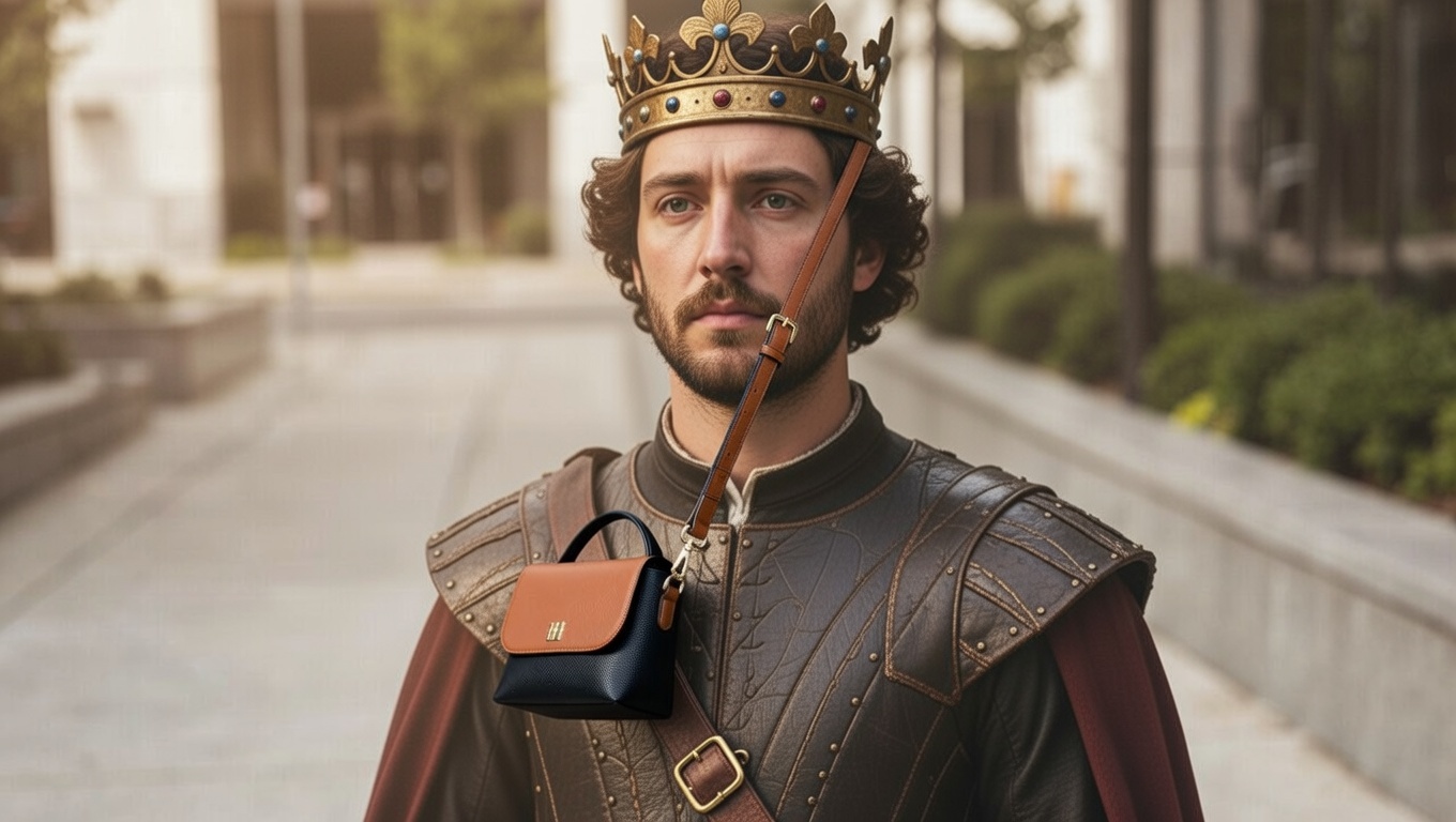 Symbolic fusion of Clare V Petit Henri bag and King Henry V representing transformation and growth