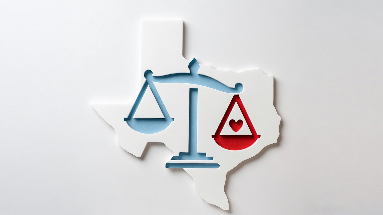 Texas state map with justice scale and heart symbolizing balanced Romeo and Juliet laws compared to other U.S. states