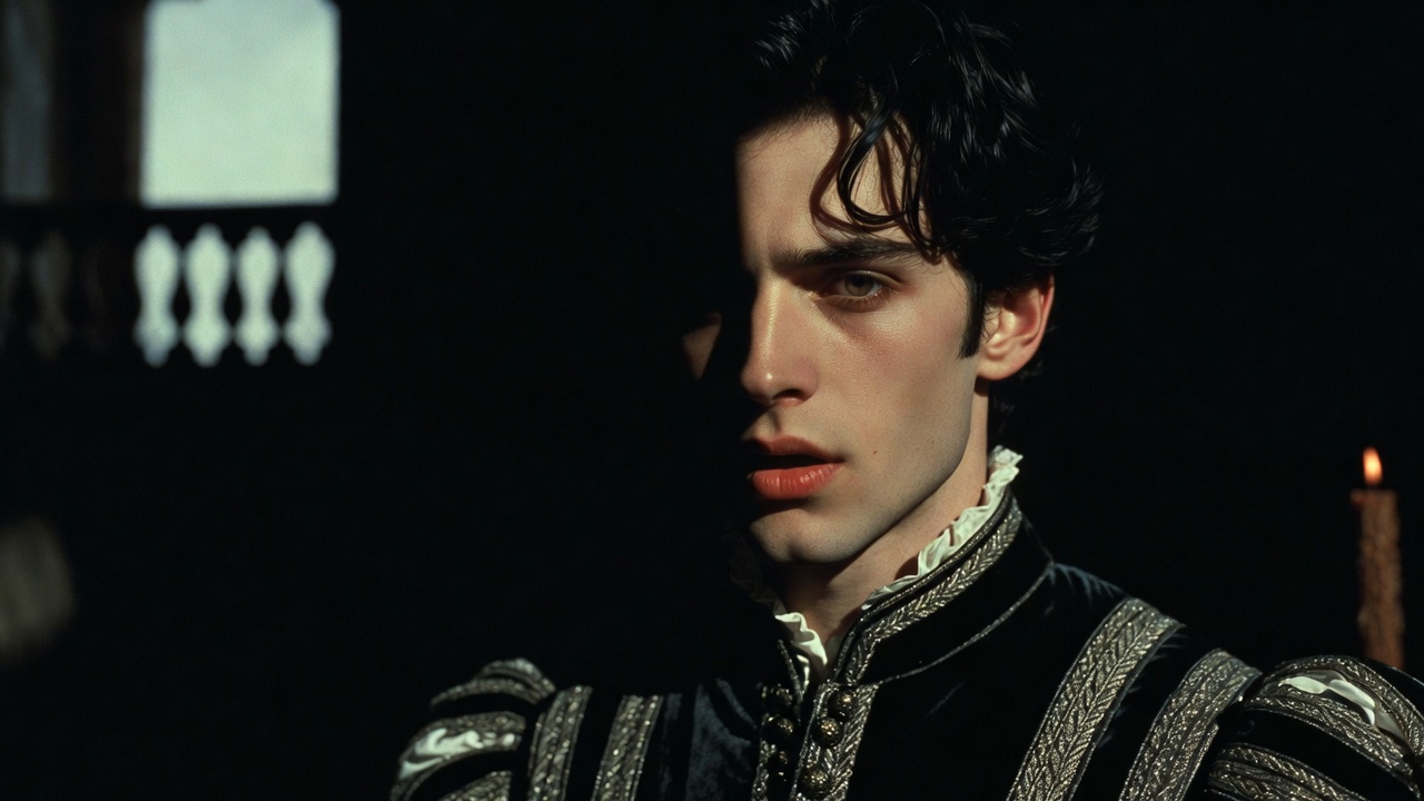Young melancholic Romeo in Elizabethan black doublet symbolizing love and tragedy