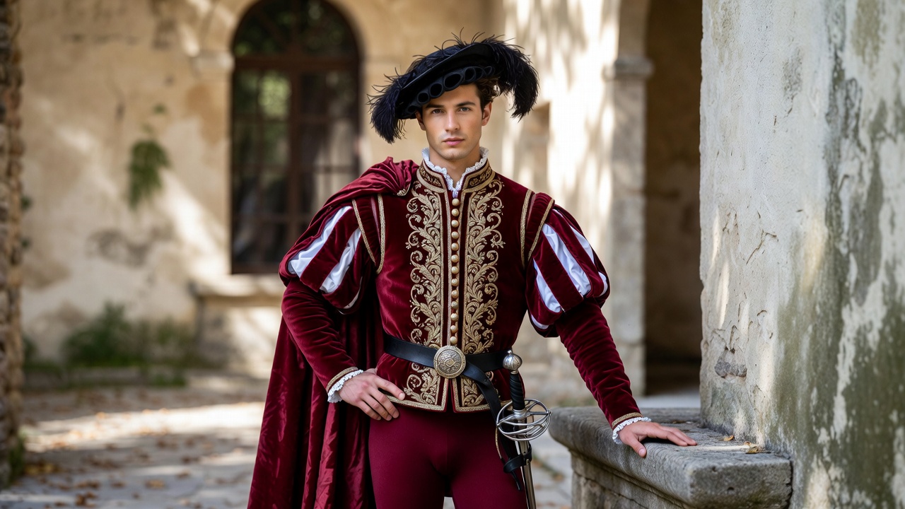 Traditional Renaissance Romeo costume with crimson velvet doublet and rapier
