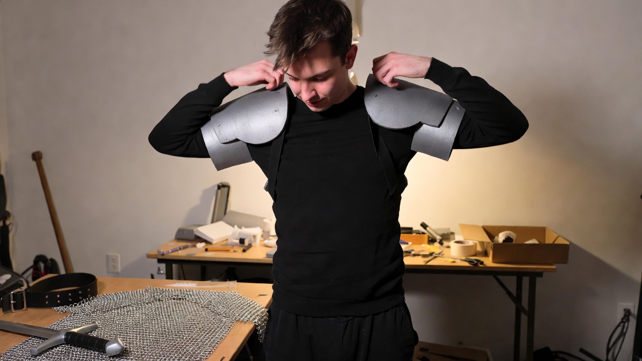DIY recreation of Baz Luhrmann’s 1996 Romeo knight armor costume with foam pauldrons