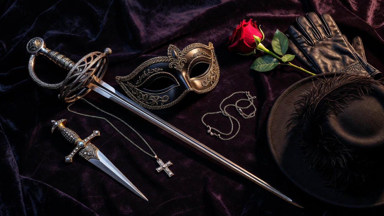 Essential accessories for authentic Romeo costume including rapier, mask, and cross necklace