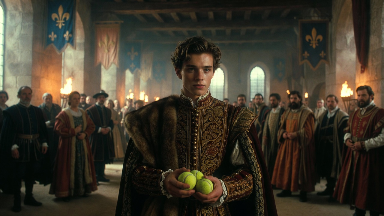 The Dauphin of France mockingly presenting tennis balls to King Henry V's ambassadors in Shakespeare's Henry V, medieval court scene