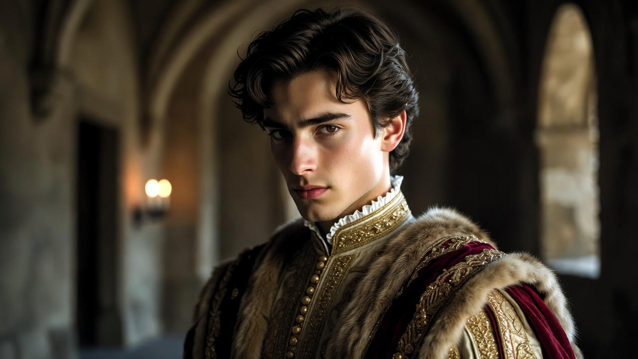 Arrogant Dauphin of France as foil to Henry V in Shakespeare's play, proud young heir in ornate historical costume