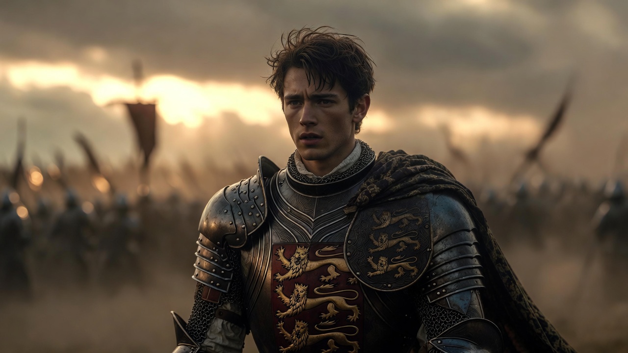 King Henry V in heroic pose contrasting the Dauphin's arrogance in Shakespeare's Henry V play