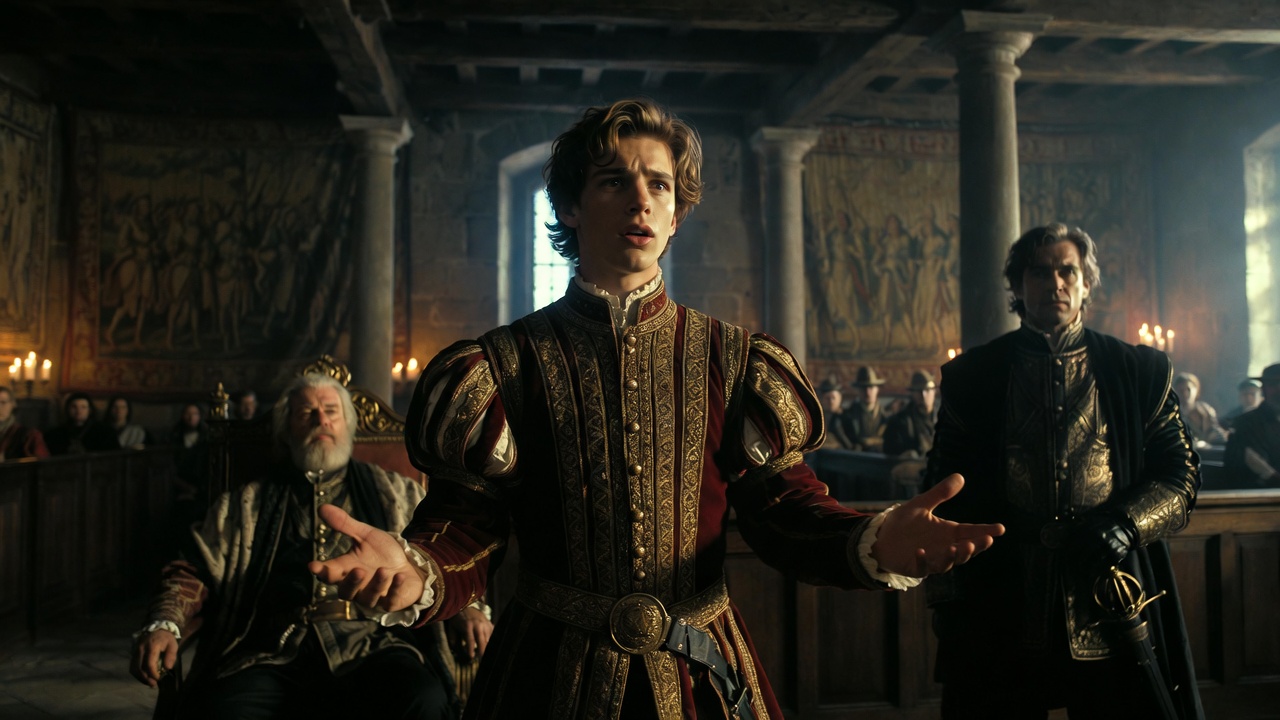 French court debate scene with boastful Dauphin in Shakespeare's Henry V, Act 2 Scene 4 historical setting