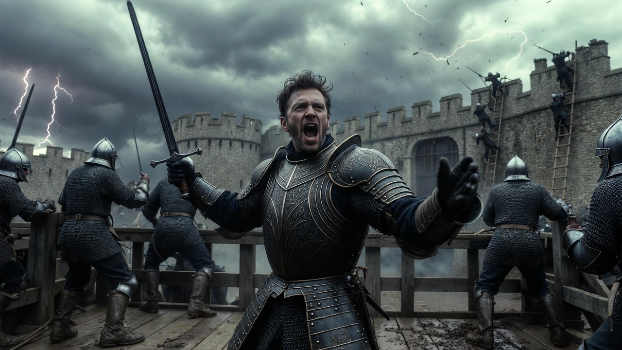 King Henry V rallying troops at the siege of Harfleur in Shakespeare's Henry V battle scene
