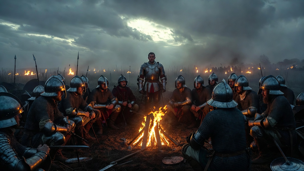 Henry V delivering St Crispin's Day speech to band of brothers in Shakespeare's war play