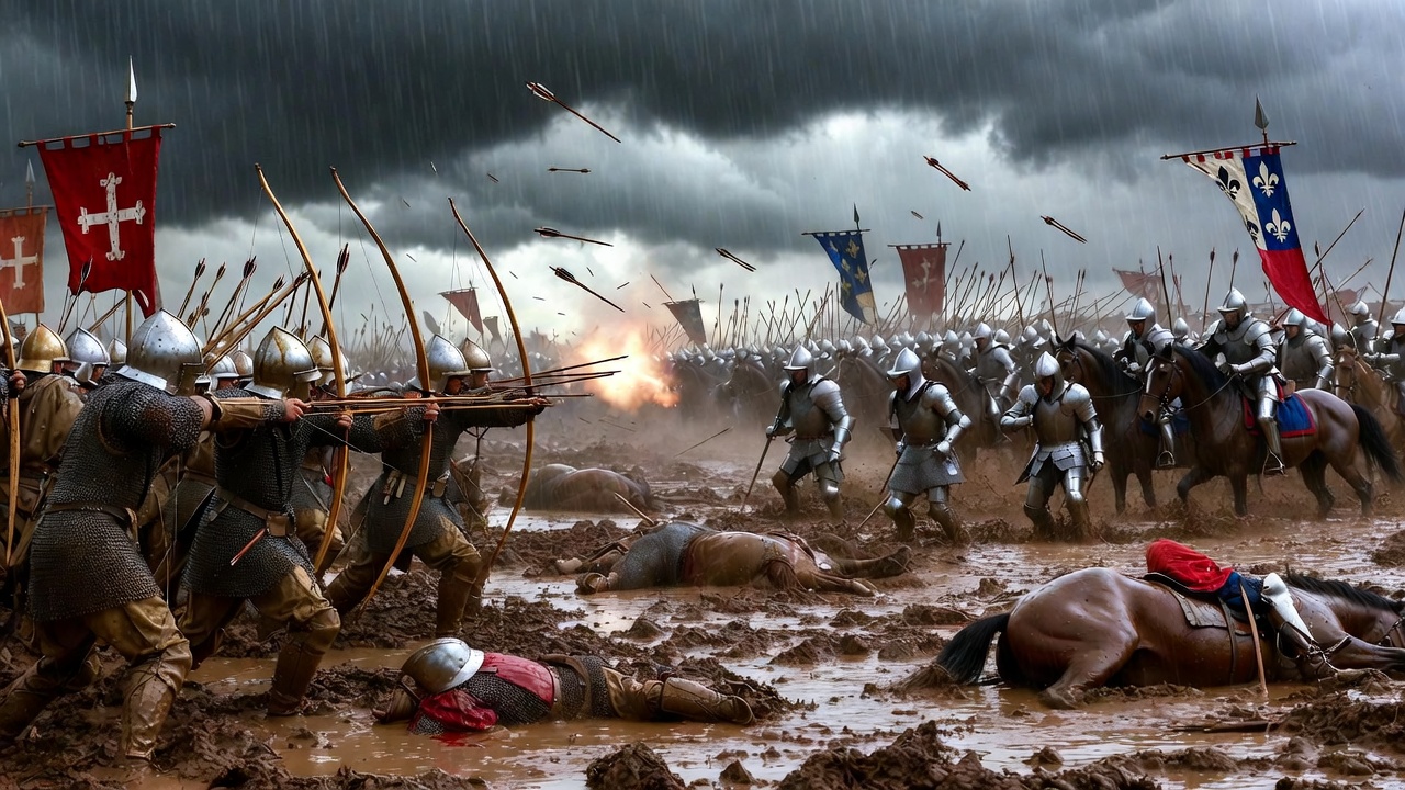 Brutal Battle of Agincourt mud and arrows scene illustrating war horrors in Henry V