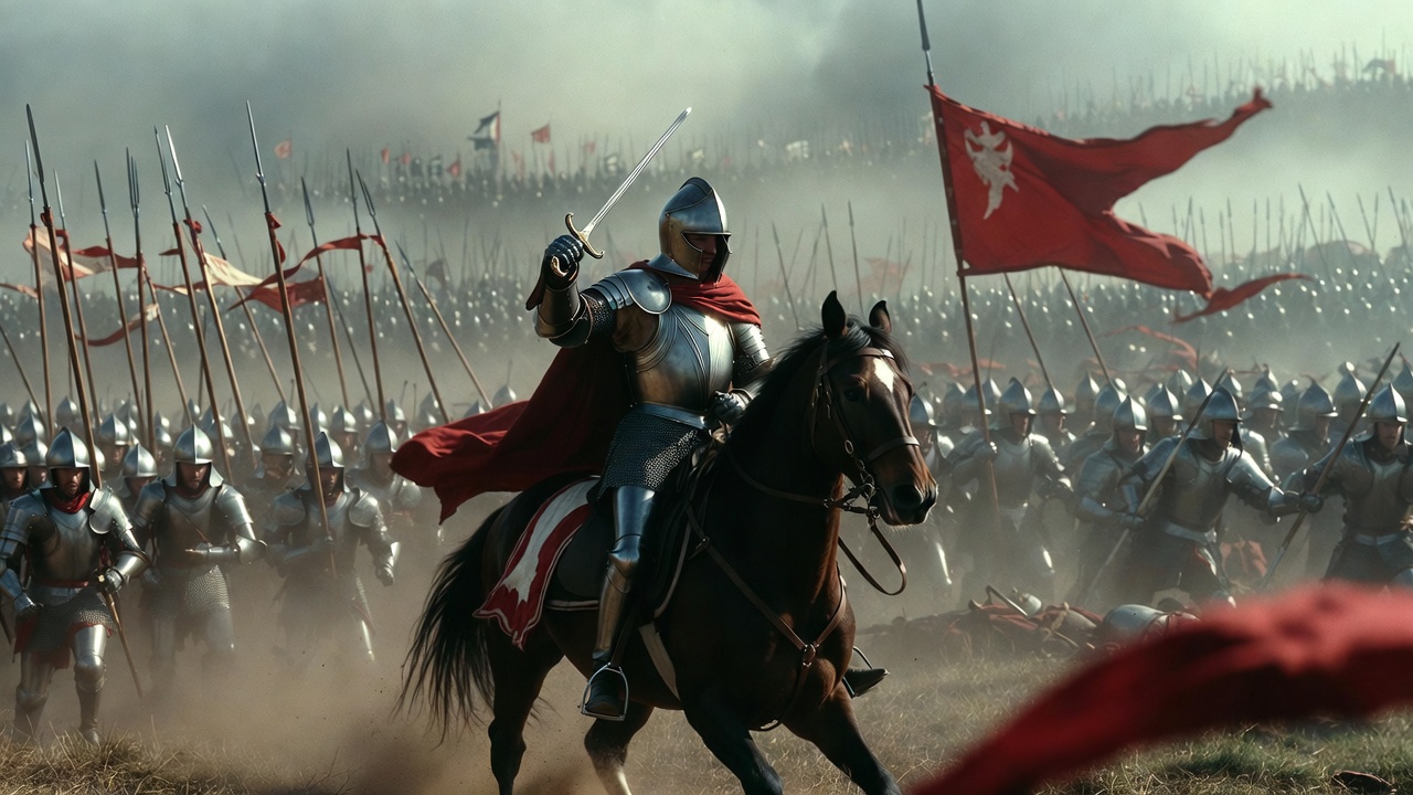 King Henry V leading troops at Agincourt in dramatic Shakespeare performance style