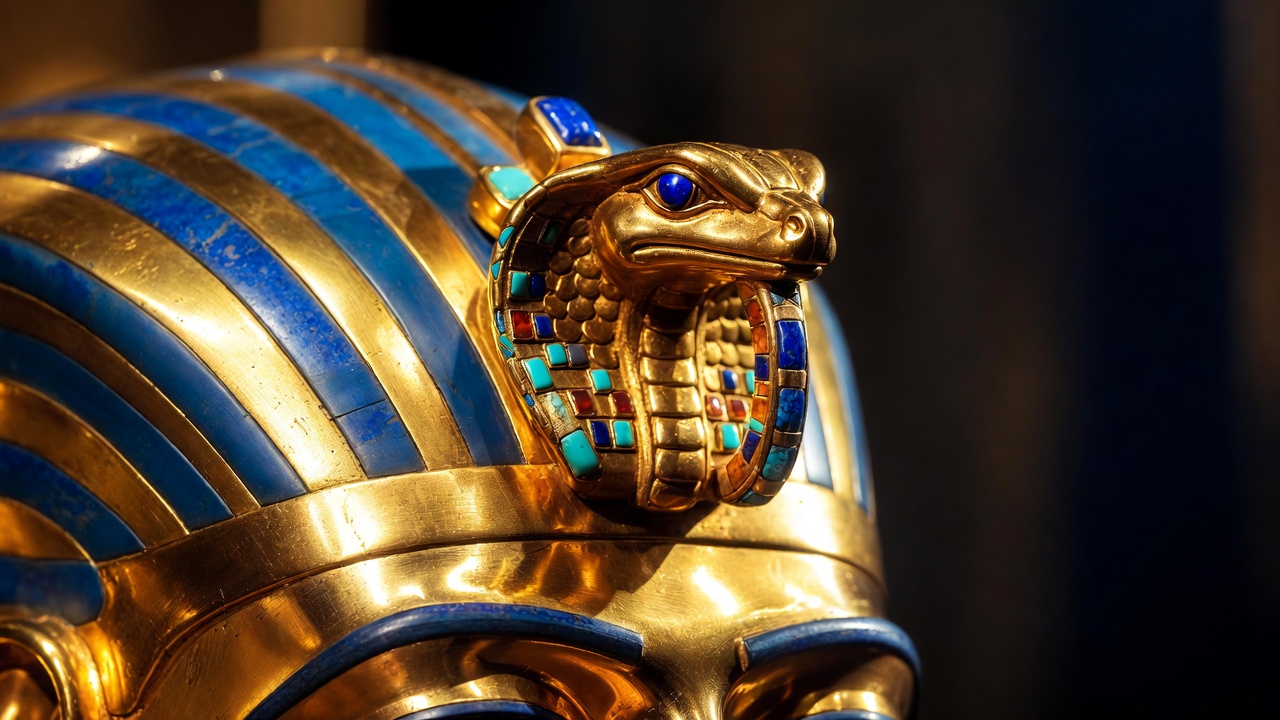 Ancient Egyptian uraeus cobra on pharaoh crown, symbol of protection and royalty linked to Cleopatra's asp