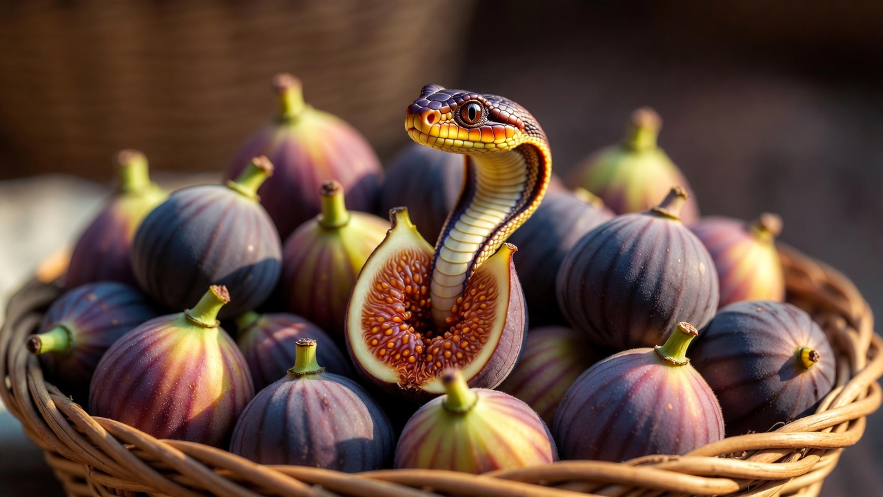Basket of figs hiding venomous asp snake, dramatic symbol from Shakespeare's Antony and Cleopatra