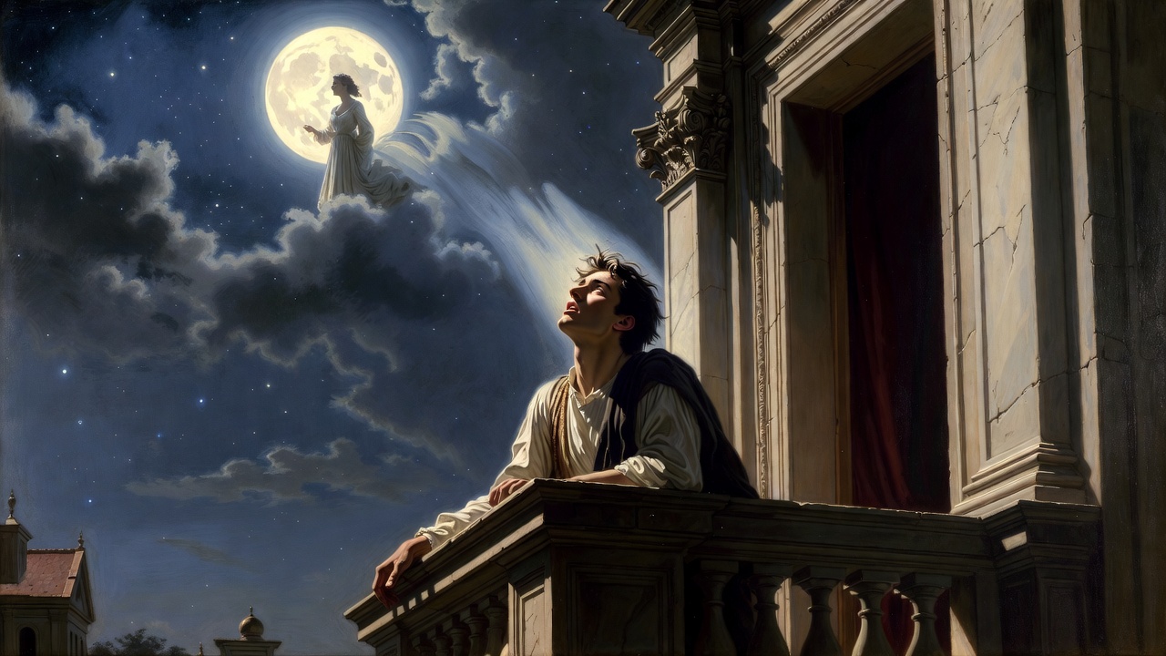 Romeo in balcony scene illustrating lovesick paradox and sick health oxymoron from Shakespeare