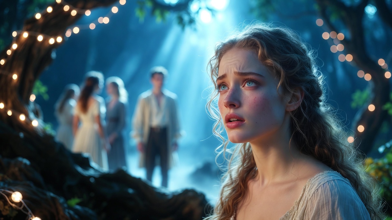 Helena lovesick gaze in Midsummer Night's Dream forest showing illness of unrequited love in Shakespeare