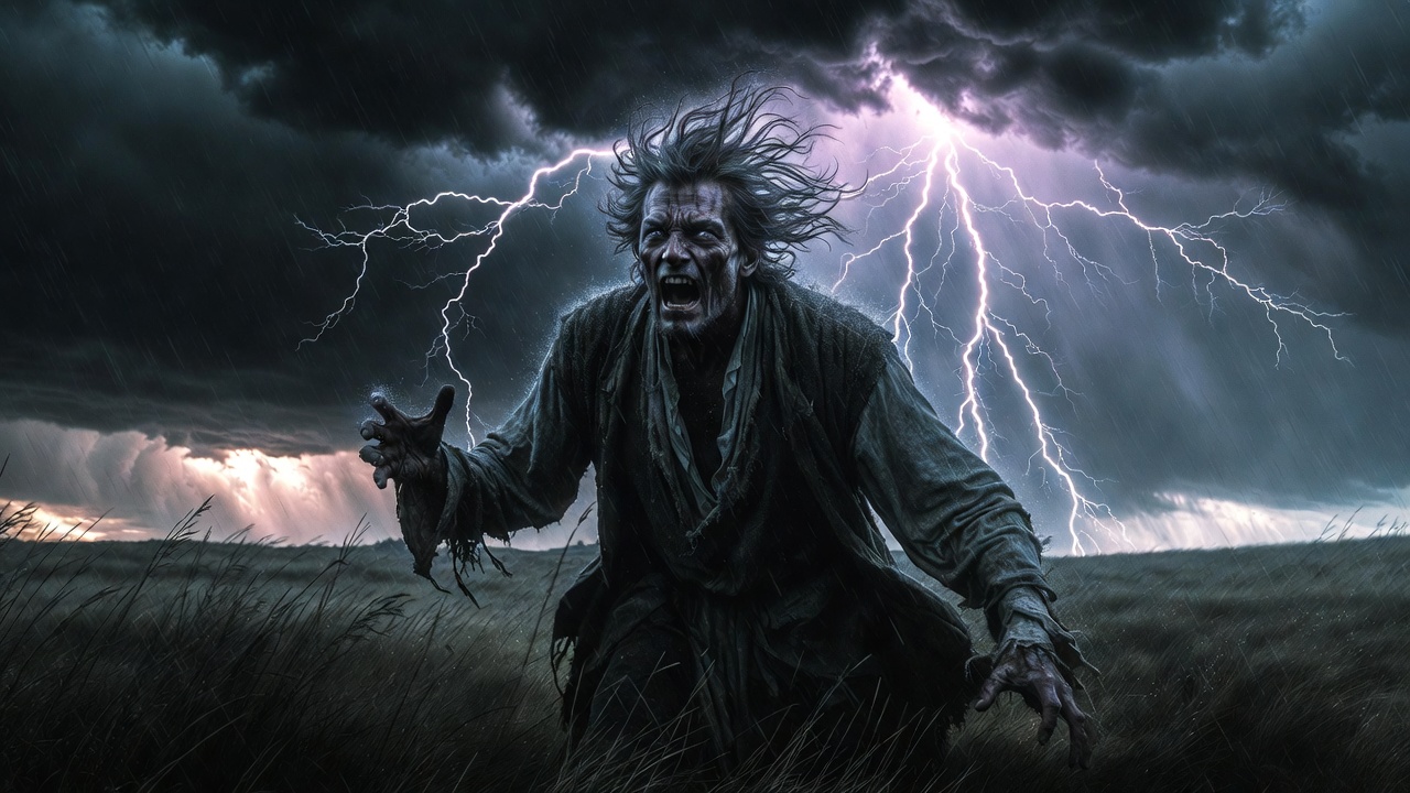 King Lear raging in storm depicting physical and mental sickness versus fleeting wellness in Shakespeare tragedy