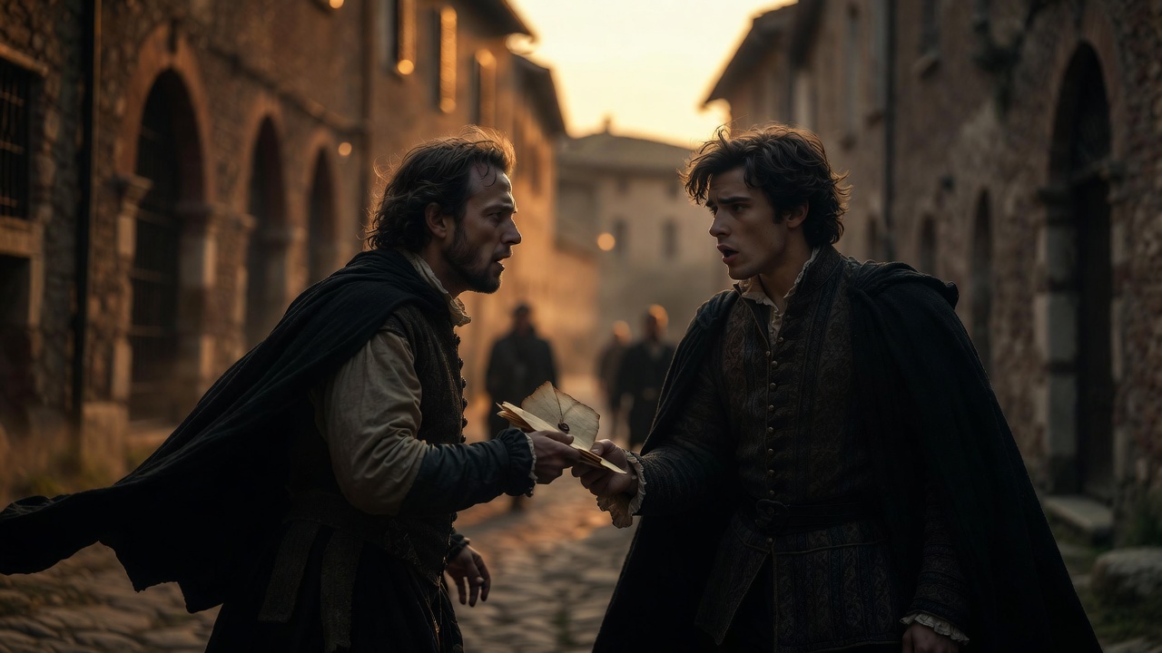 Balthasar the servant delivering tragic news of Juliet's death to Romeo in Mantua, Romeo and Juliet Act 5 Scene 1 dramatic moment