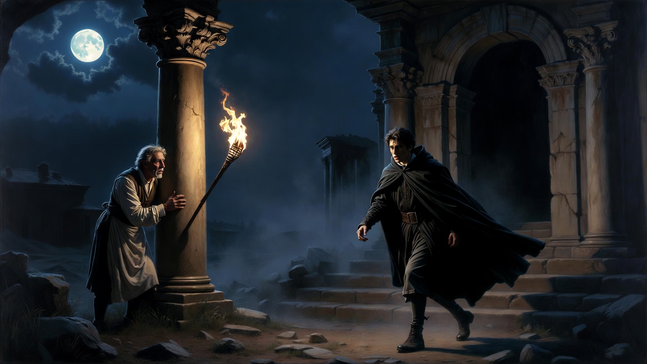 Balthasar hiding near the Capulet tomb watching Romeo in Act 5 Scene 3, Romeo and Juliet tragic climax illustration