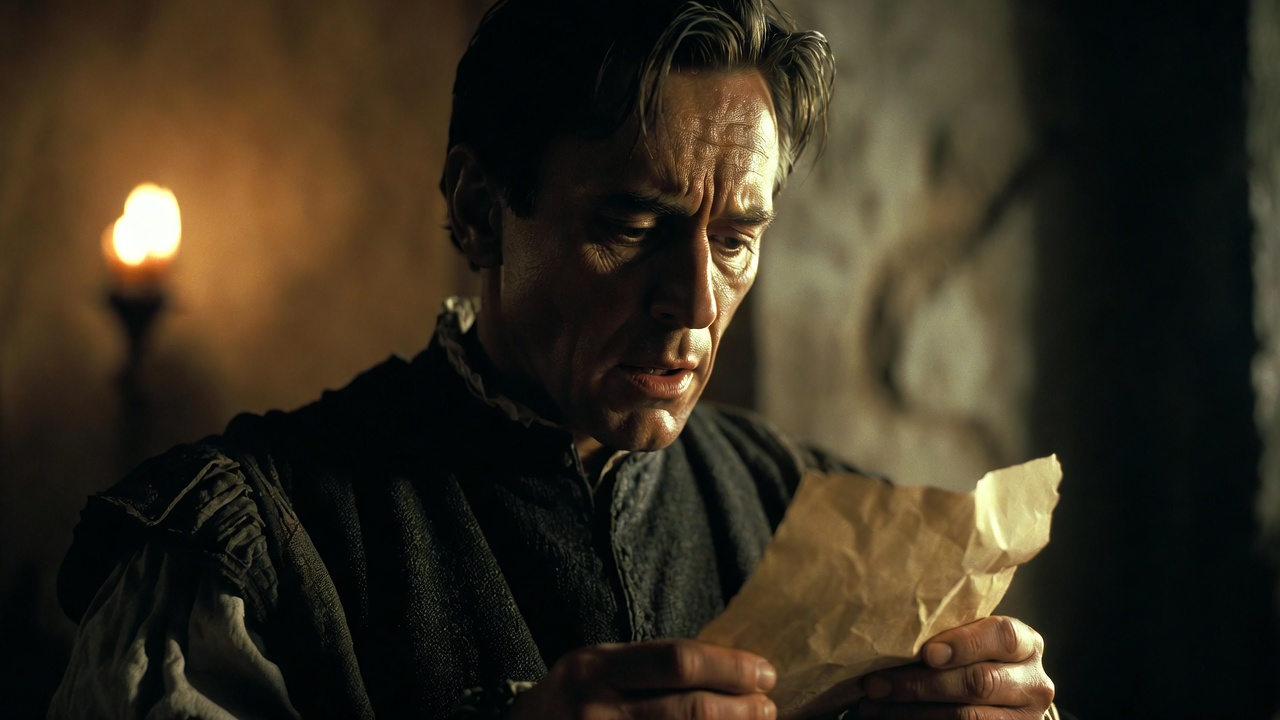 Close-up of Balthasar the loyal servant in Romeo and Juliet, showing concern and moral tension as Romeo's attendant