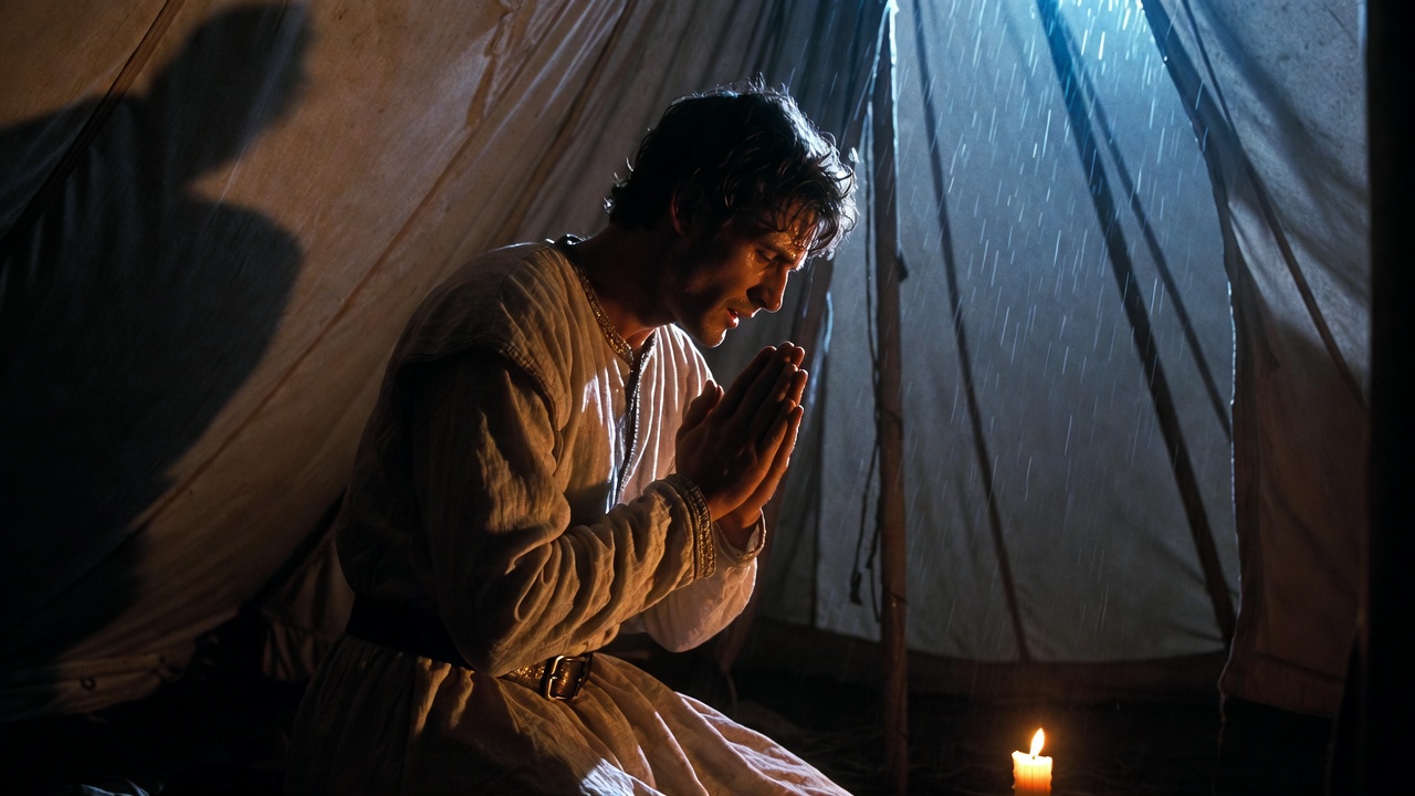 King Henry V kneeling in fervent prayer for forgiveness before Agincourt in Henry V Act 4 Scene 1