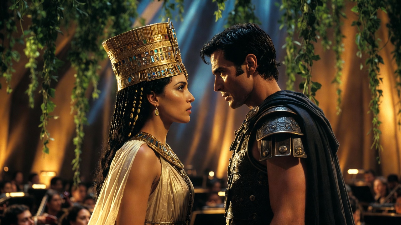 John Adams Antony and Cleopatra opera production scene with Cleopatra and Antony on stage, Metropolitan Opera style