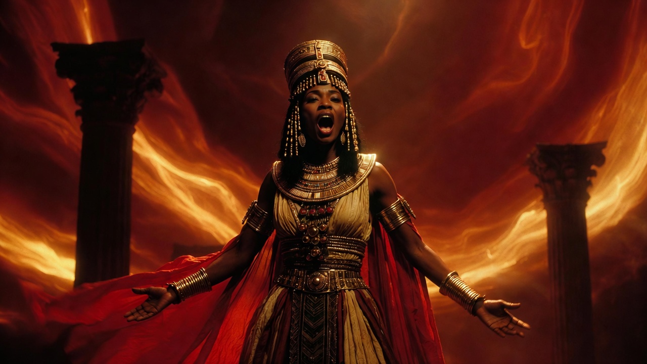 Julia Bullock as Cleopatra in John Adams Antony and Cleopatra opera, powerful vocal and dramatic pose