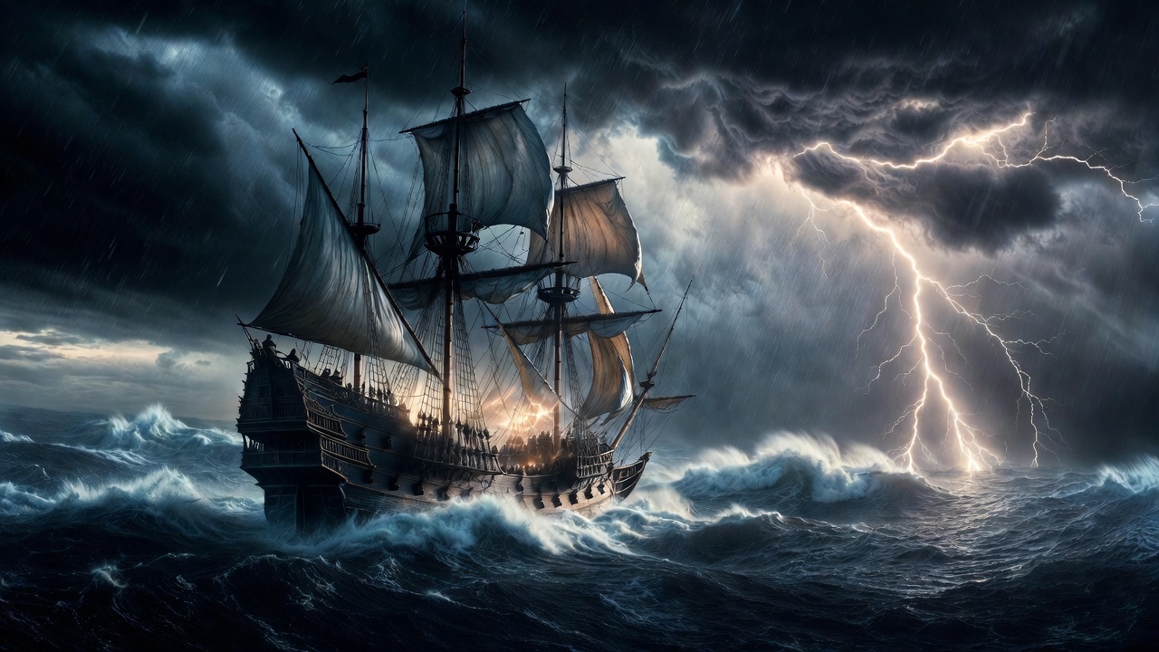 Stormy ship deck in The Tempest Shakespeare play scene with crashing waves and dramatic lightning