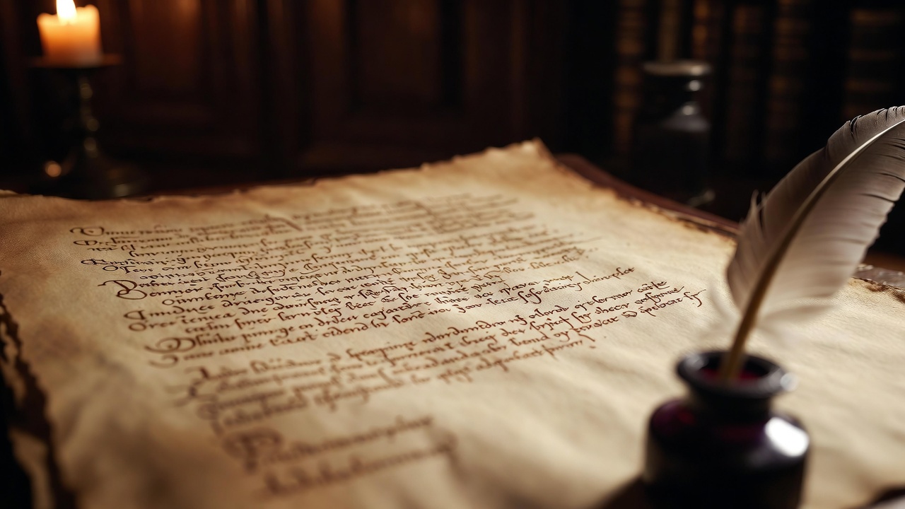 Aged Elizabethan parchment manuscript with candlelight and quill pen illustrating Shakespearean archaic words